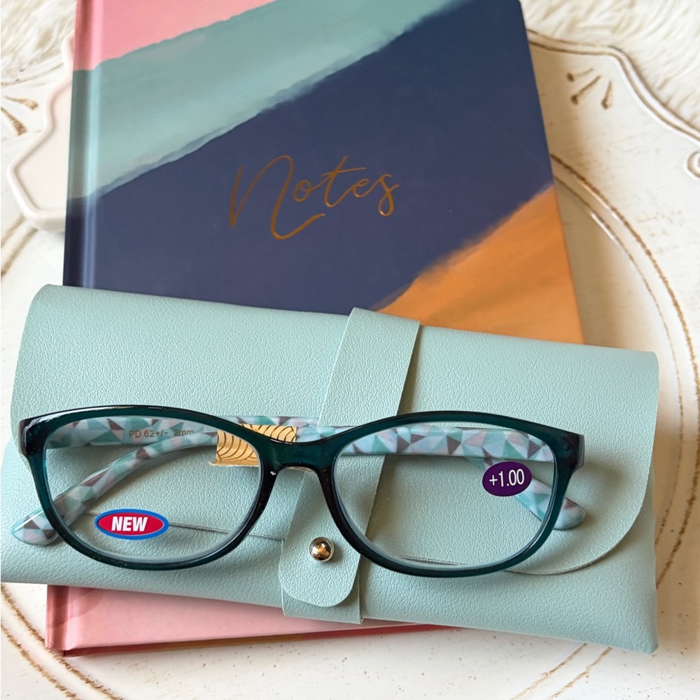Hard cover journal Teal Cat-Eye Reading Glasses +1.00 and case bundle